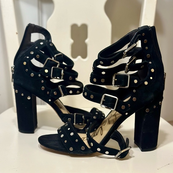 Sam Edelman Black Suede Silver Buckle Block Heel Shoes - Picture 1 of 3